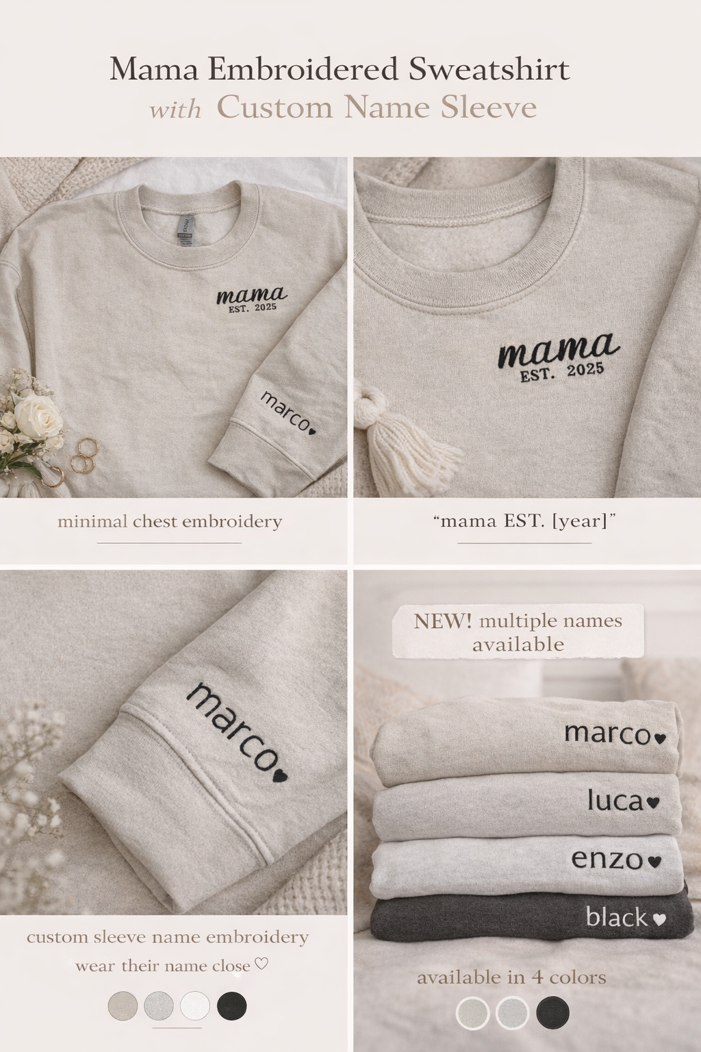 Mama Embroidered Sweatshirt with Custom Name Sleeve | Minimalist Mom Gift