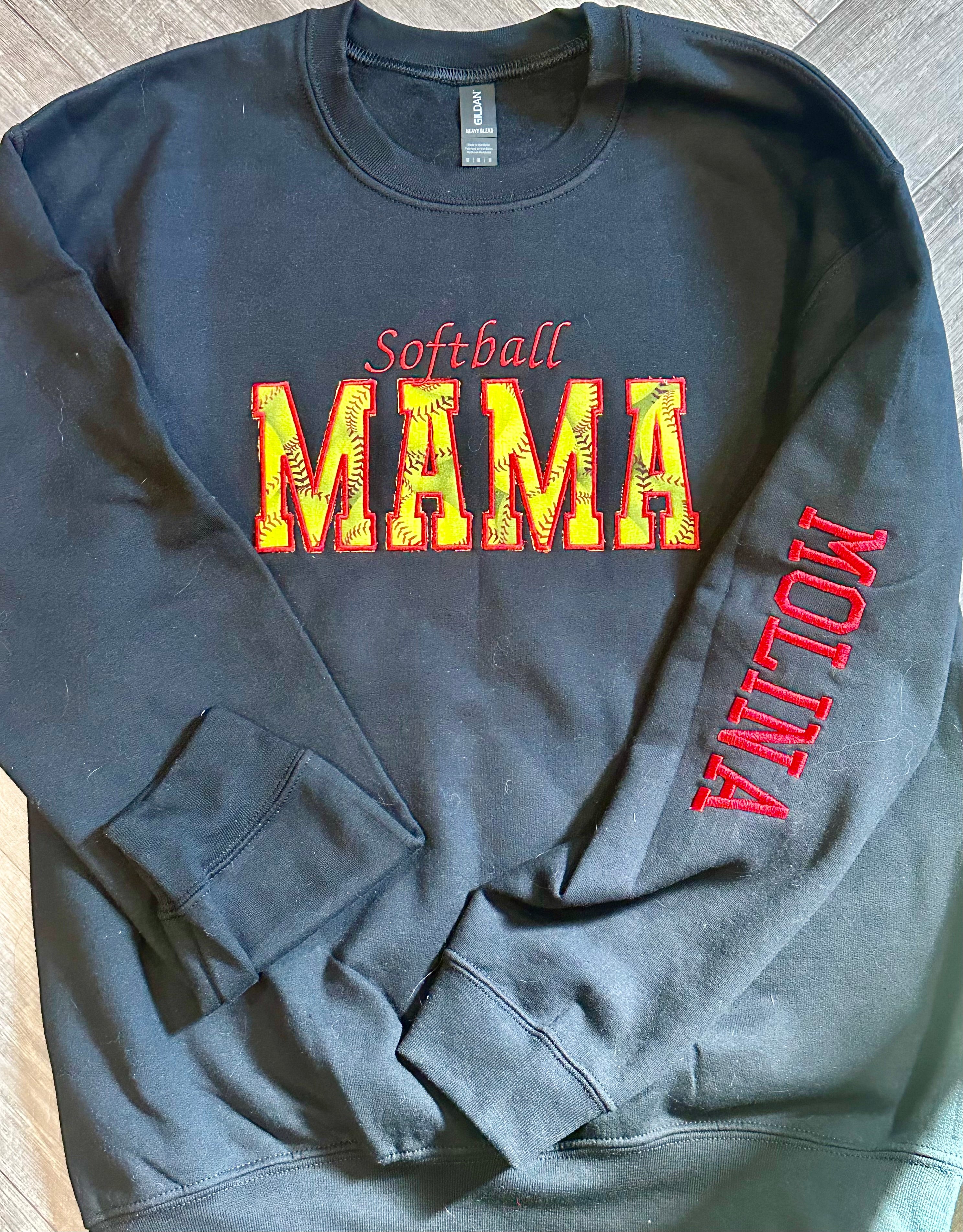 Softball Mama Appliqué Sweatshirt (Custom Sleeve Option)